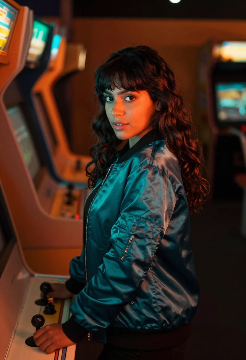 AI arcade neon orange teal sample — portrait of a woman, framed chest-up, cropped at the ribs, t