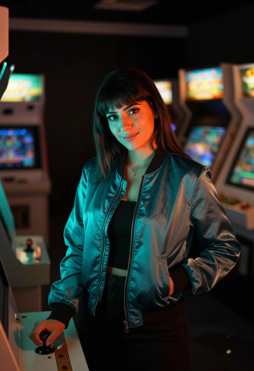 AI arcade neon orange teal sample — portrait of a woman, framed half-length, cropped at the hip,