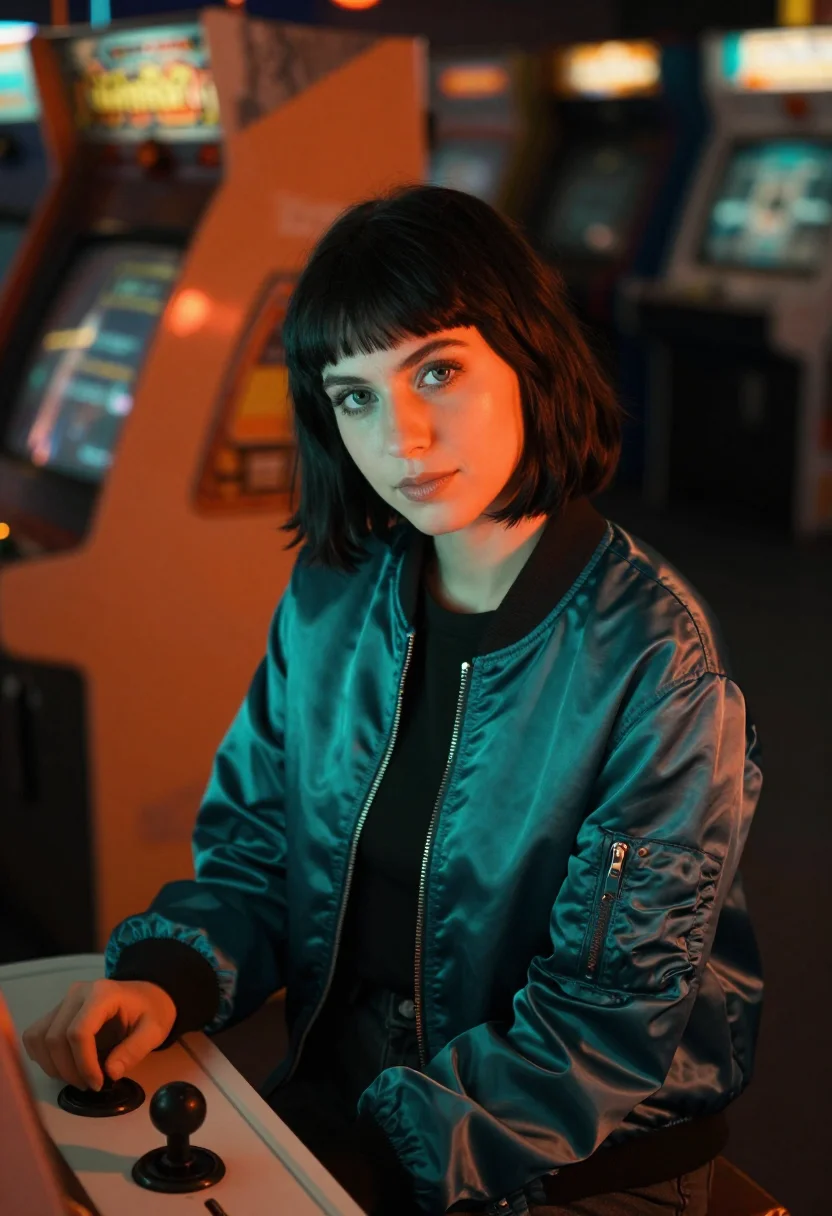 AI arcade neon orange teal sample — portrait of a woman, framed tight, head and shoulders, the b