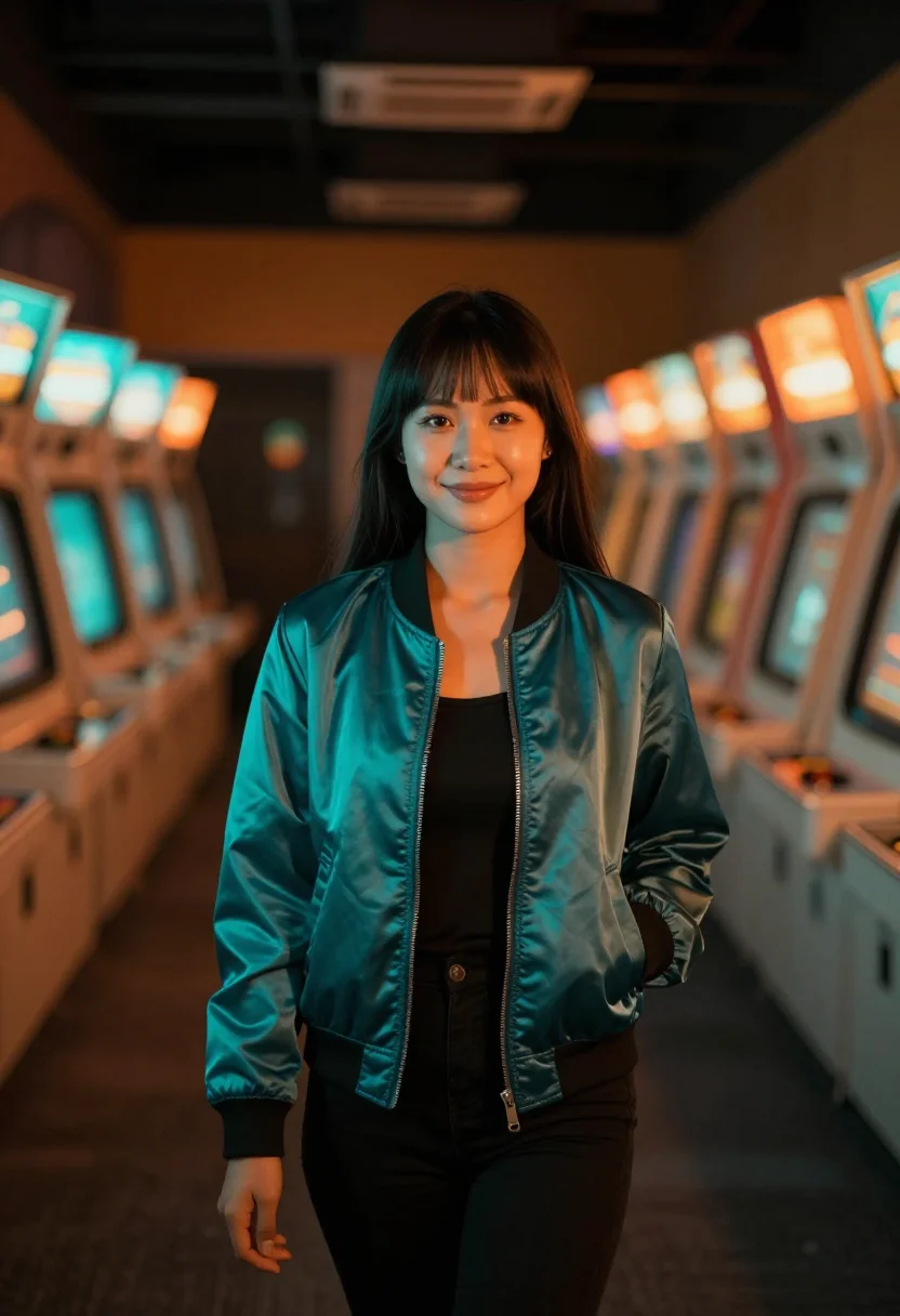 AI arcade neon orange teal sample — portrait of a woman, framed half-length, cropped at the hip,
