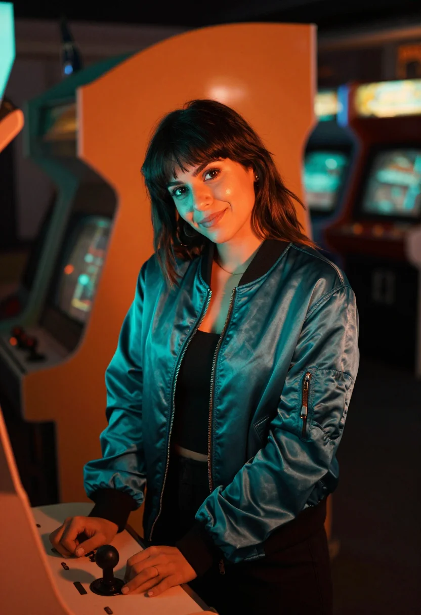 AI arcade neon orange teal sample — portrait of a woman, framed half-length, cropped at the hip,