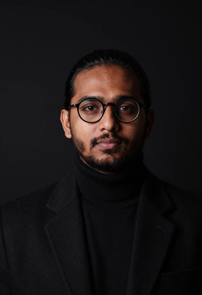AI architect black rollneck sample — portrait of a man, framed tight, head and shoulders, a South