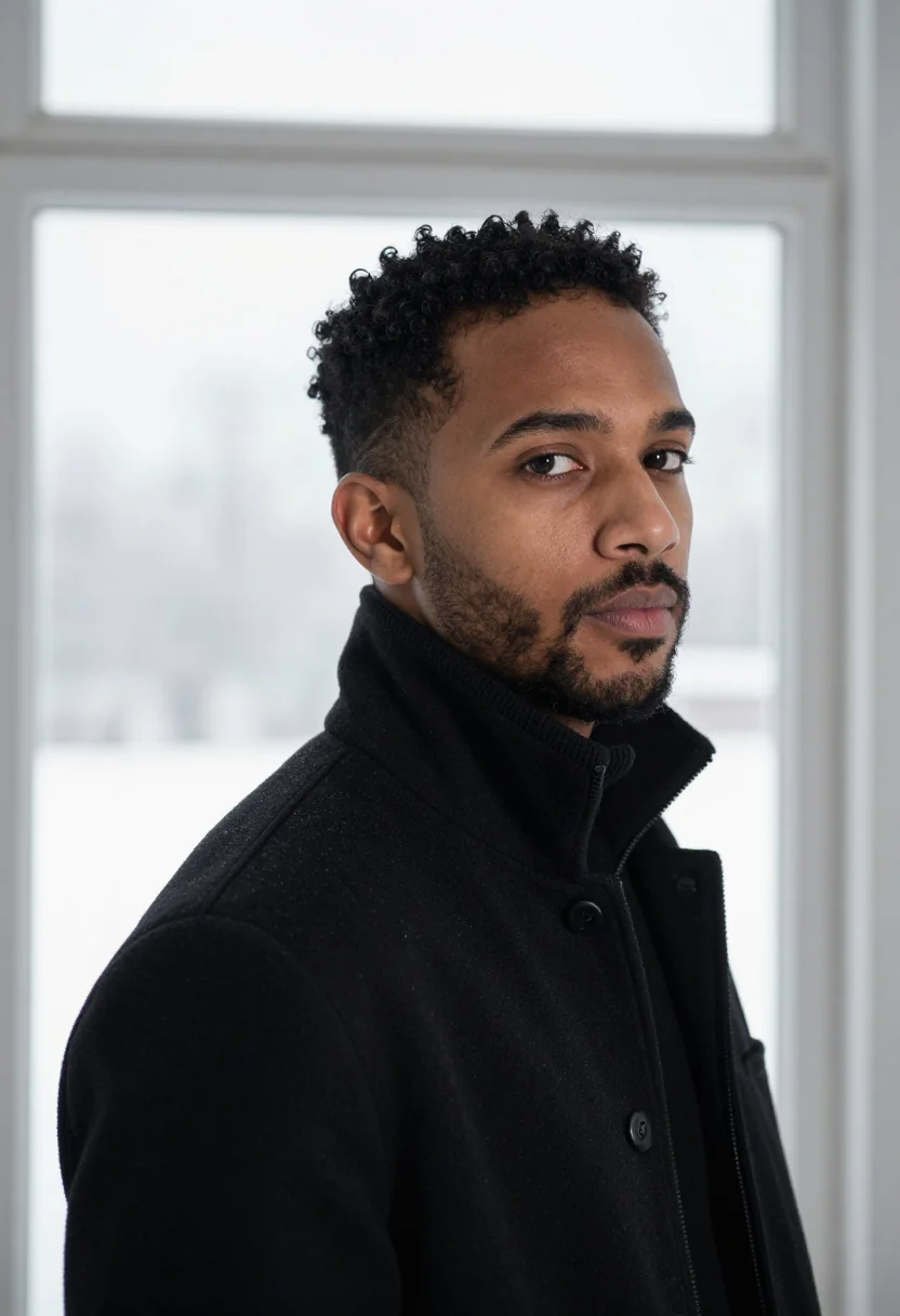 AI architect black rollneck sample — portrait of a man, framed tight, head and shoulders, a mixed