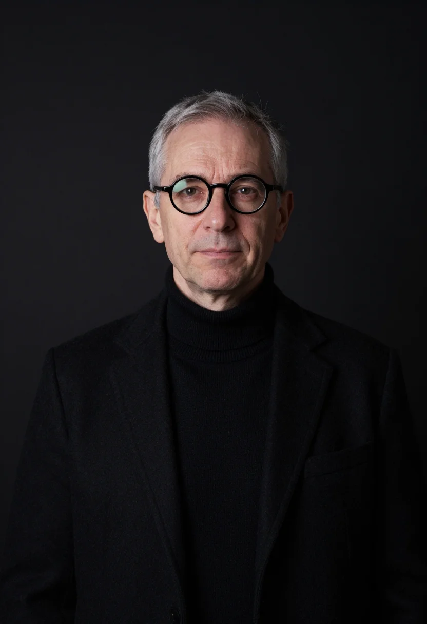 AI architect black rollneck sample — portrait of a man, framed chest-up, a Western-European man i