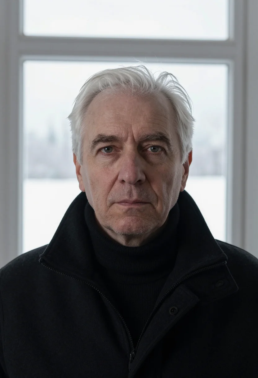 AI architect black rollneck sample — portrait of a man, framed very tight on the face, a Western-