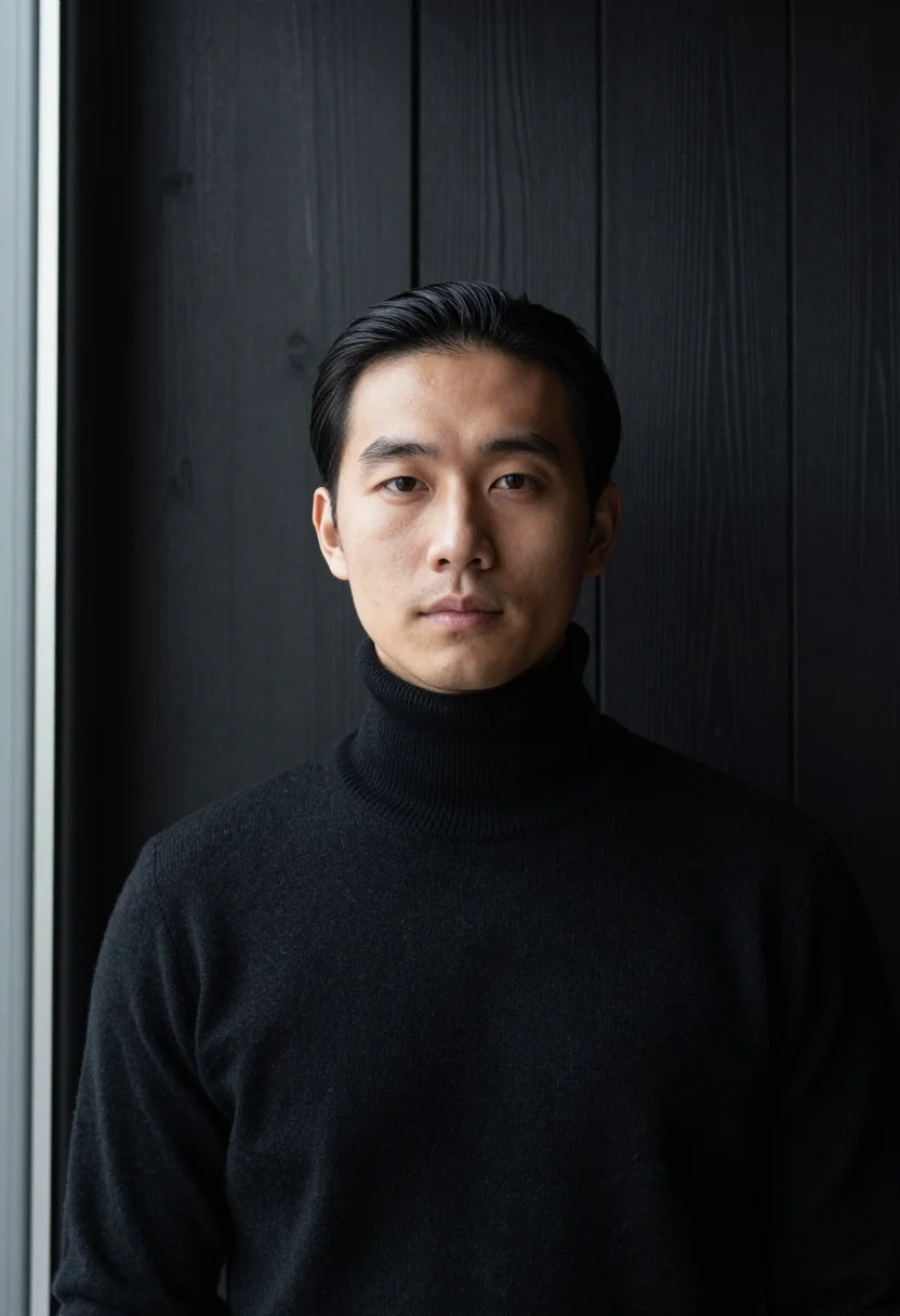 AI architect black rollneck sample — portrait of a man, framed tight, head and shoulders, an East