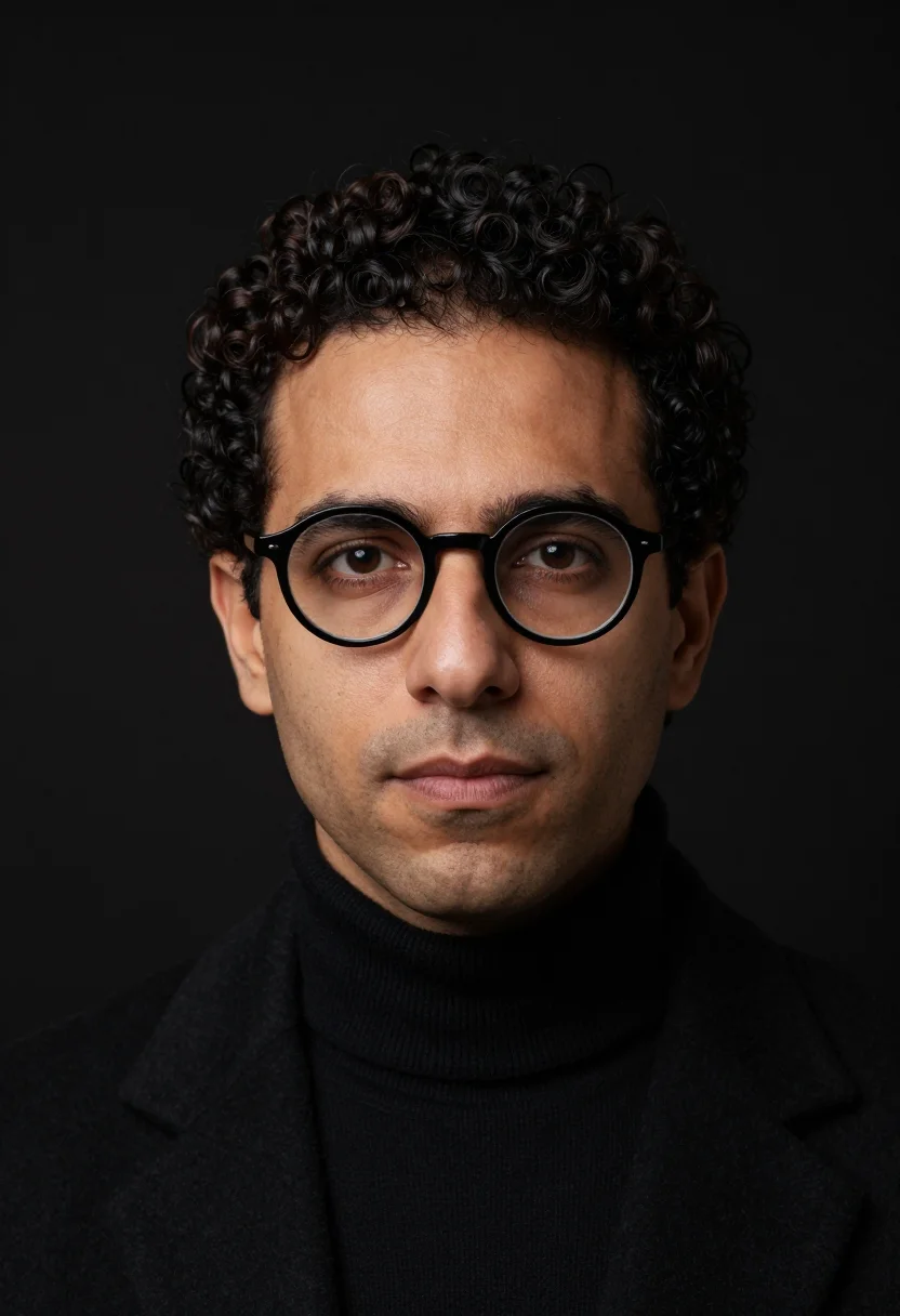 AI architect black rollneck sample — portrait of a man, framed very tight on the face, a Mediterr