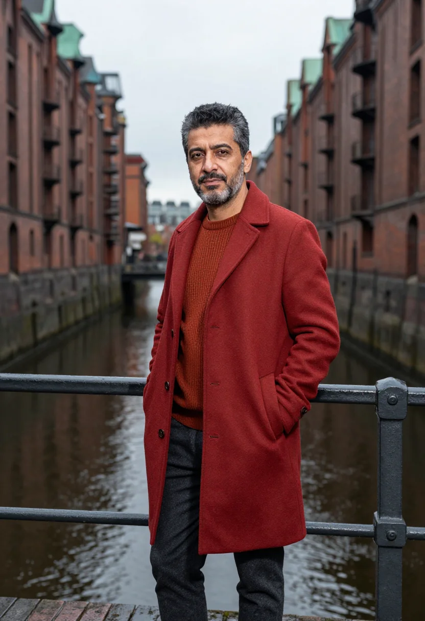 AI architect hafencity brick red sample — portrait of a man, three-quarter-length portrait of a Turkis