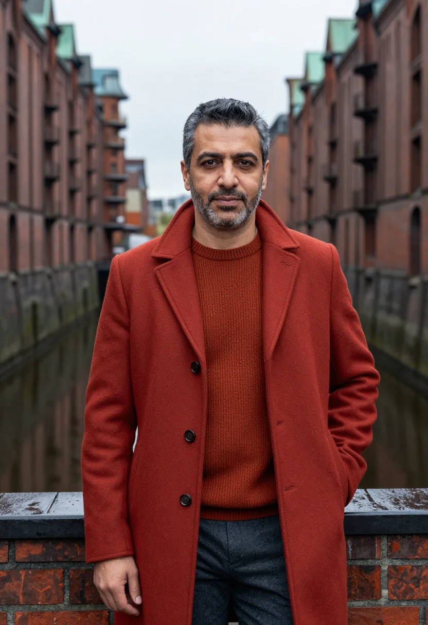 AI architect hafencity brick red sample — portrait of a man, chest-up portrait of a Turkish-German man