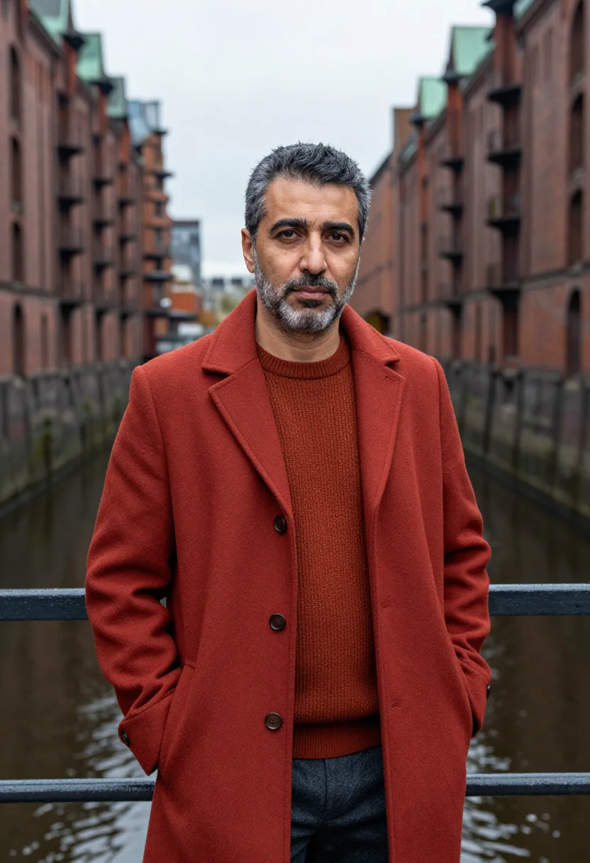 AI architect hafencity brick red sample — portrait of a man, head-and-shoulders portrait of a Turkish-