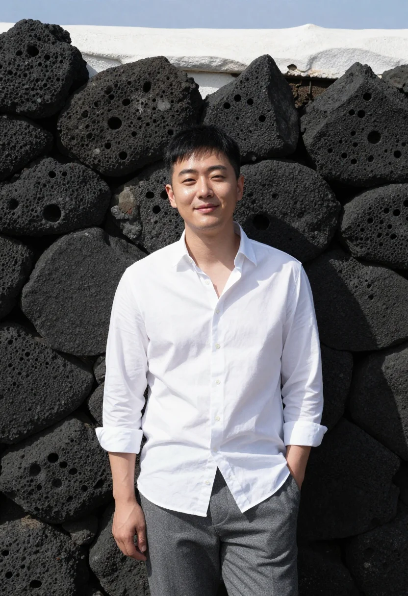 AI architecture 101 jeju stone house white shirt sample — portrait of a man, a Korean man in his late thirties with go