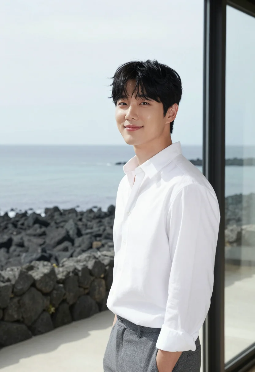 AI architecture 101 jeju stone house white shirt sample — portrait of a man, a Korean man in his late twenties with wa