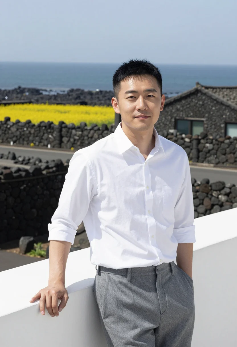 AI architecture 101 jeju stone house white shirt sample — portrait of a man, a Chinese man in his late twenties with g
