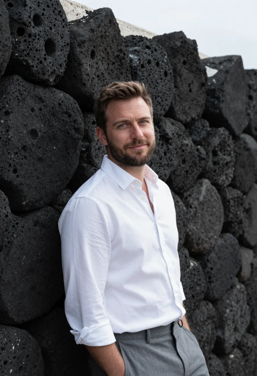 AI architecture 101 jeju stone house white shirt sample — portrait of a man, a Western-European man in his mid-thirtie