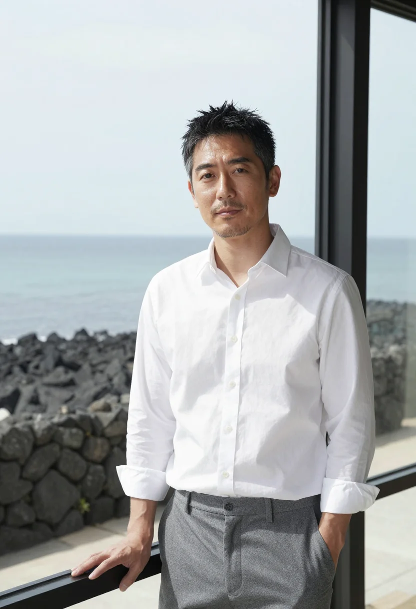AI architecture 101 jeju stone house white shirt sample — portrait of a man, a Japanese man in his early forties with