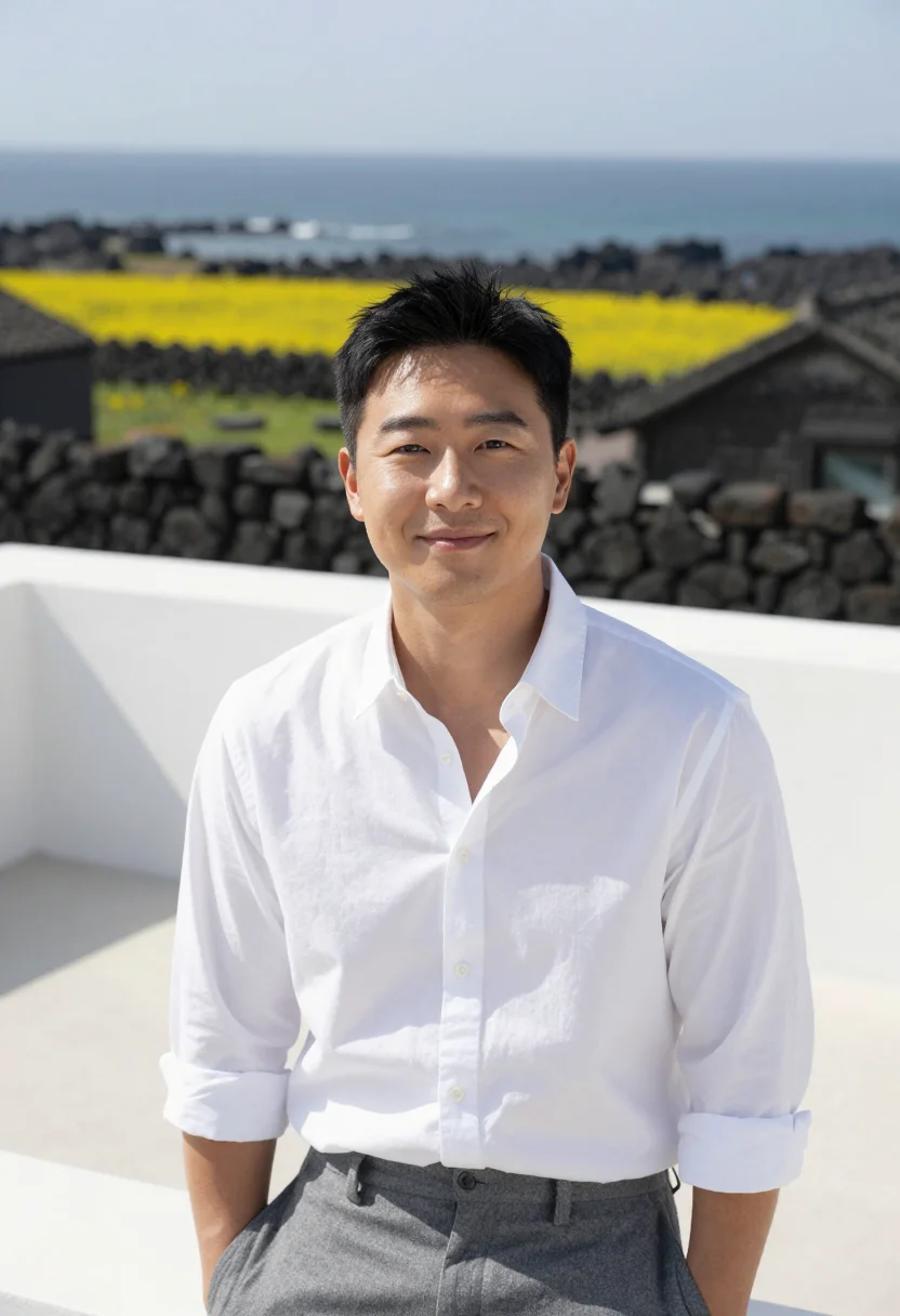AI architecture 101 jeju stone house white shirt sample — portrait of a man, a Korean man in his mid-thirties with war
