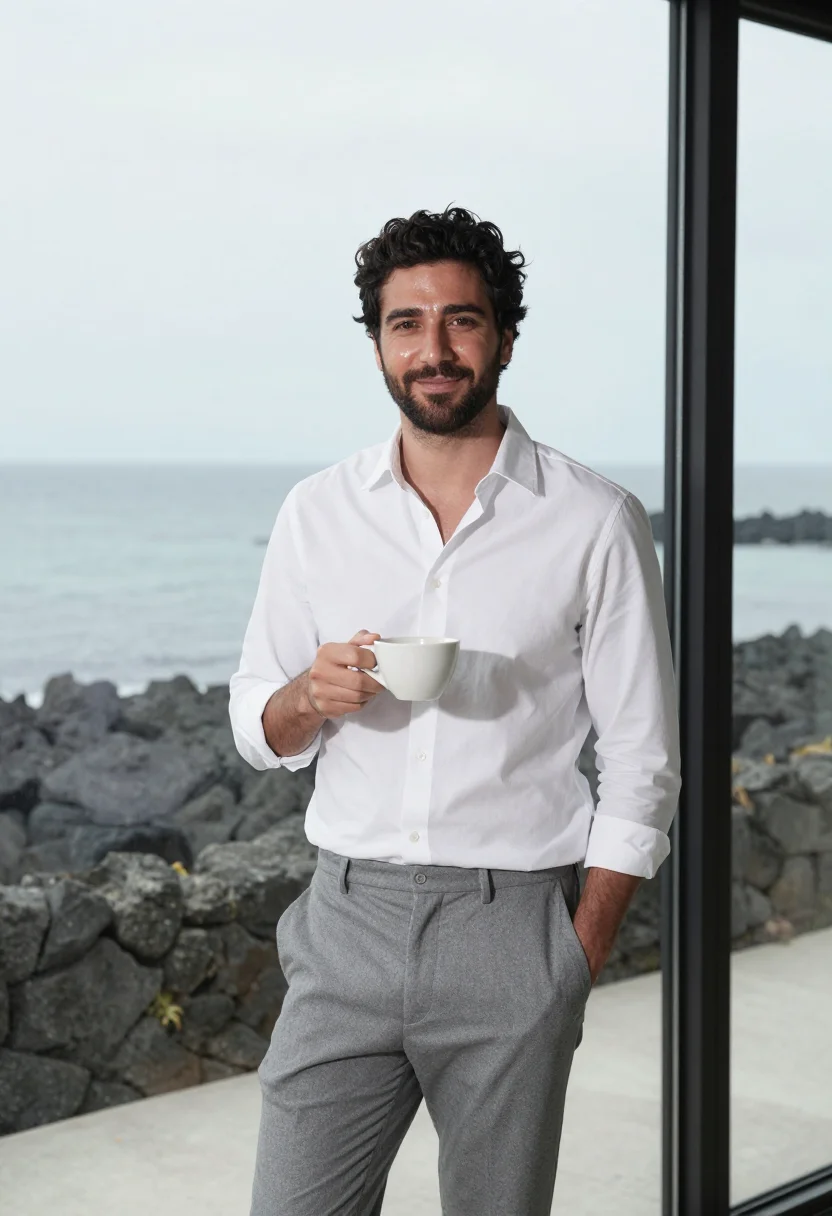AI architecture 101 jeju stone house white shirt sample — portrait of a man, a Italian man in his early thirties with