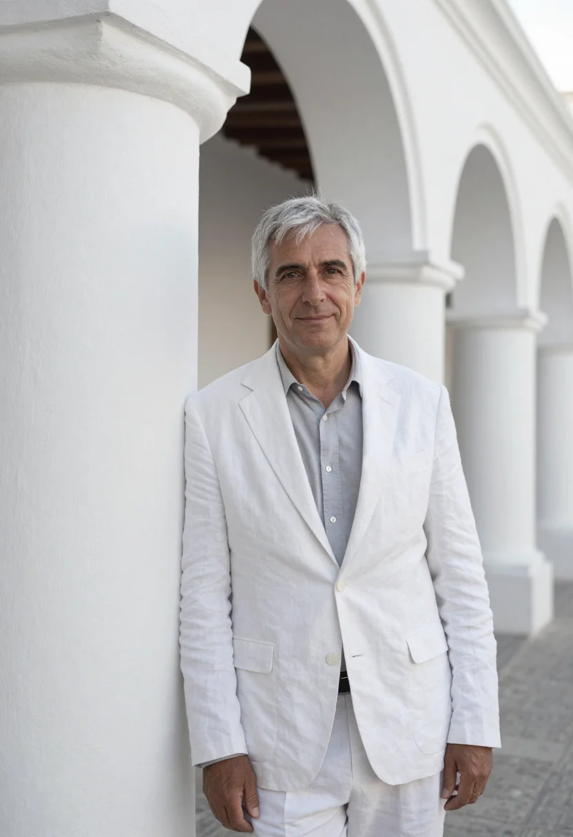 AI arequipa architect white volcanic sillar sample — portrait of a man, a French architect in his early fifties w