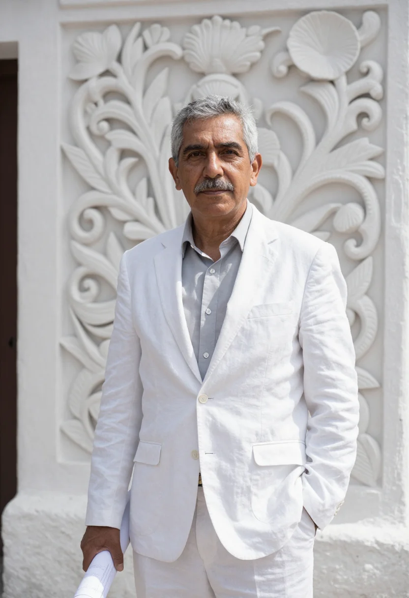 AI arequipa architect white volcanic sillar sample — portrait of a man, a Peruvian architect in his mid-fifties w