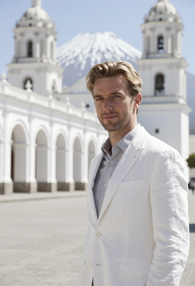 AI arequipa architect white volcanic sillar sample — portrait of a man, a German architect in his early forties w