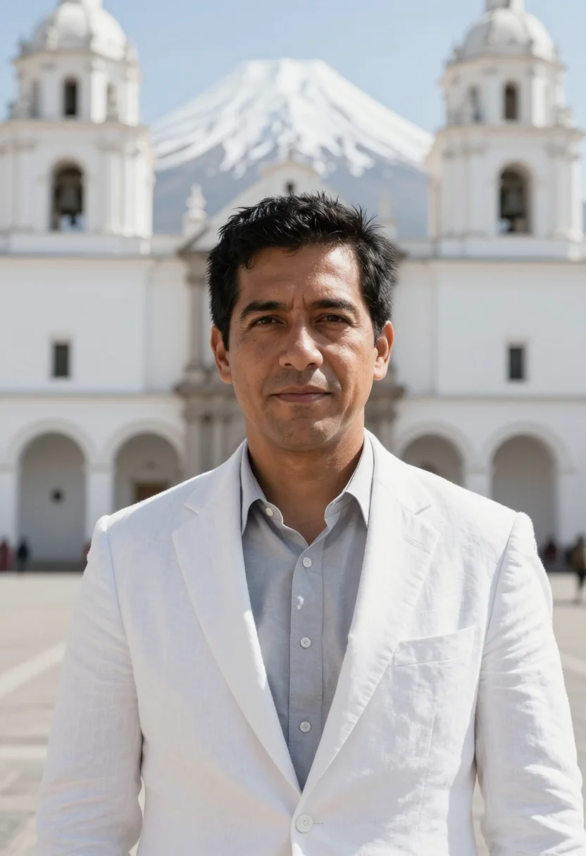 AI arequipa architect white volcanic sillar sample — portrait of a man, an Andean Peruvian architect in his late