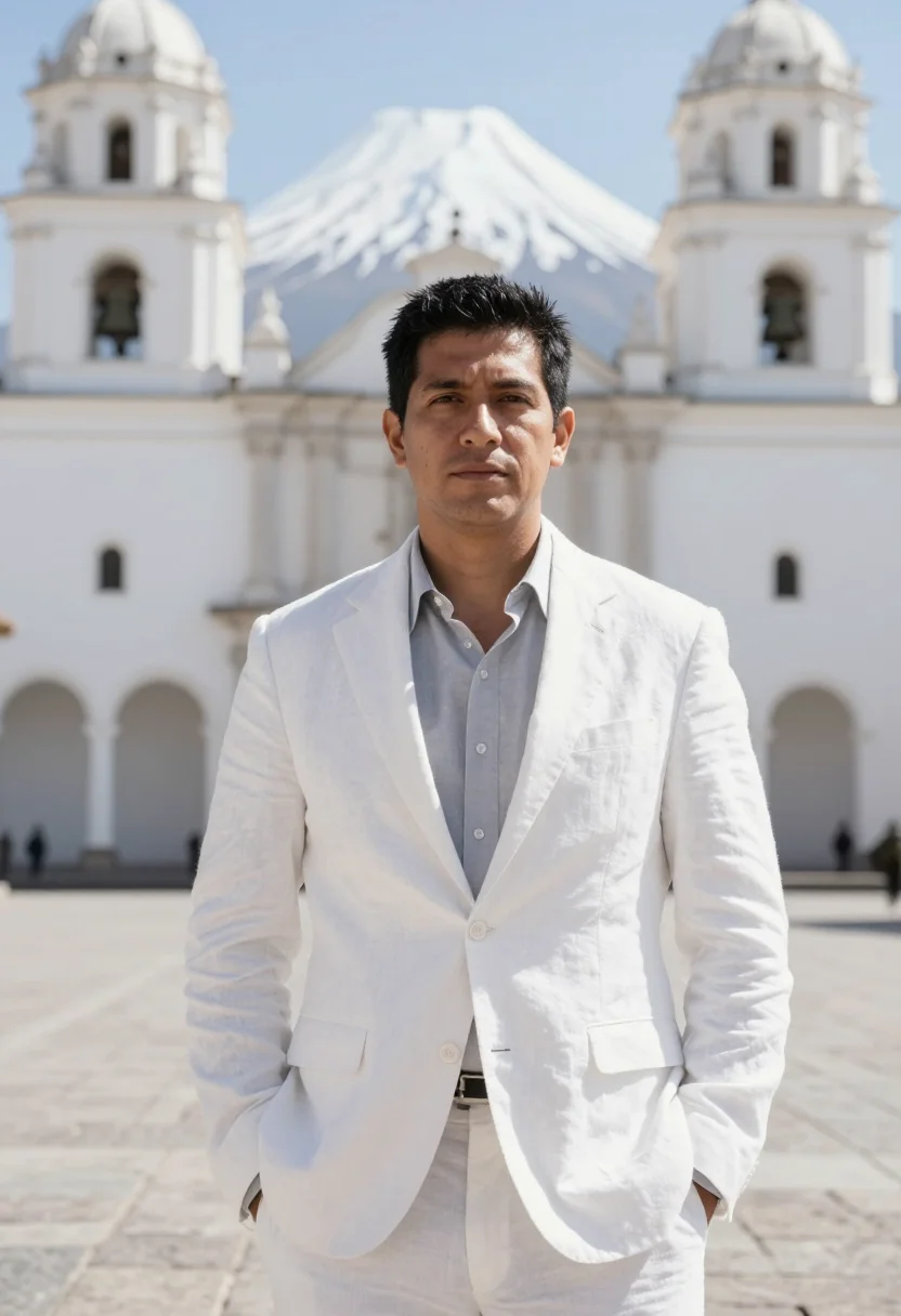 AI arequipa architect white volcanic sillar sample — portrait of a man, a Peruvian architect in his mid-forties w