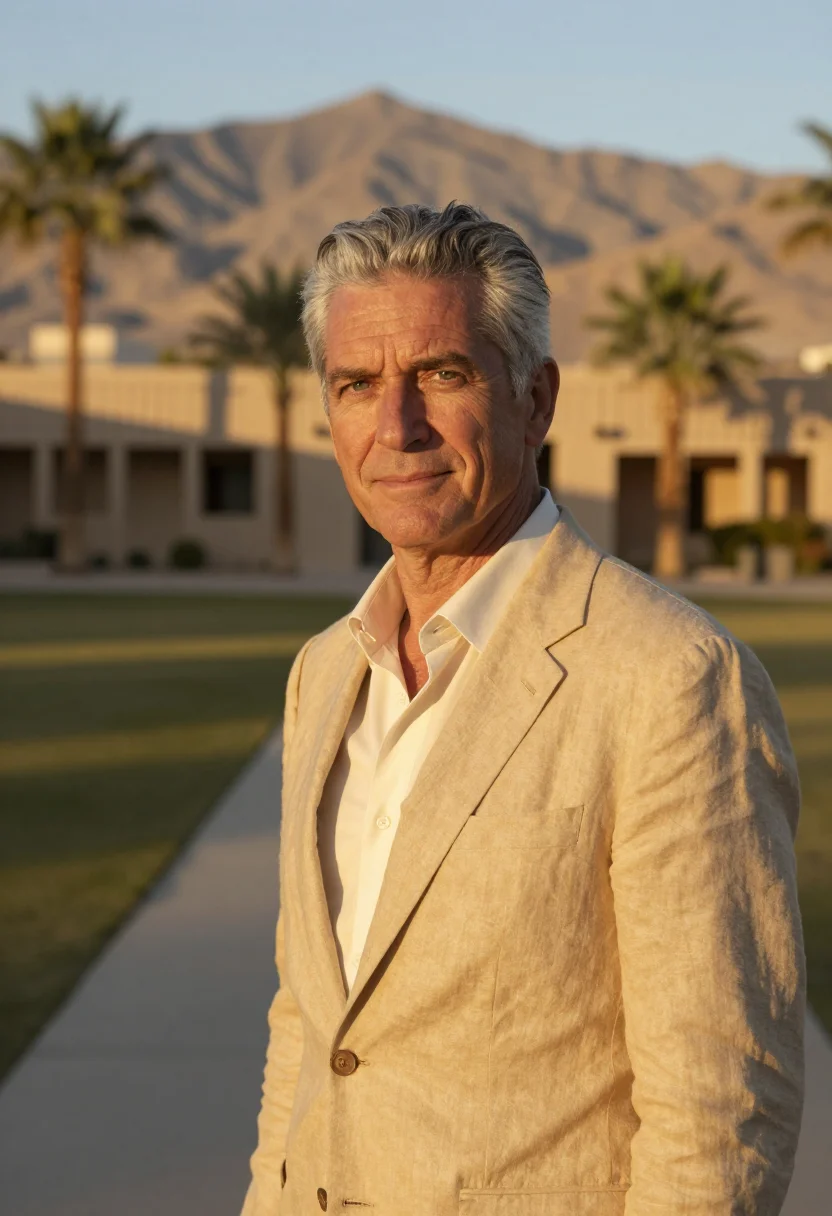 AI arizona biltmore hotelier gold sample — portrait of a man, framed tight, head and shoulders, the bod