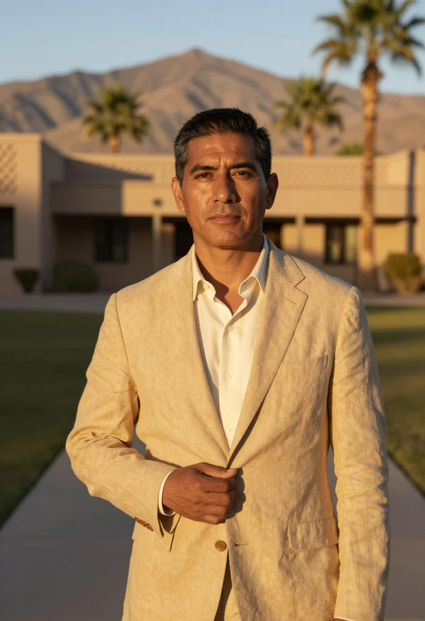 AI arizona biltmore hotelier gold sample — portrait of a man, framed chest-up, cropped at the ribs, the