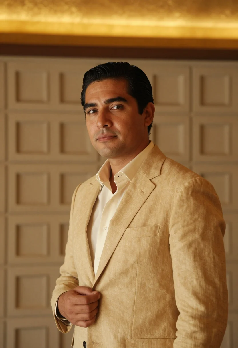 AI arizona biltmore hotelier gold sample — portrait of a man, framed chest-up, cropped at the ribs, the