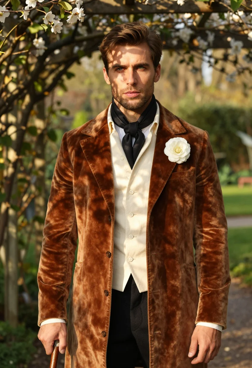 Romantic-hero photoshoot, the Bougival idyll — open collar, tobacco velvet sack coat, dappled garden light