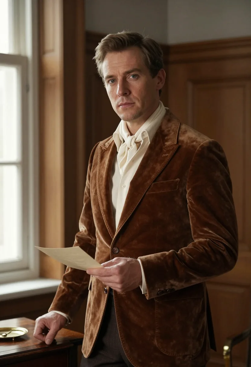 Romantic-hero photoshoot, the letter received — brown velvet smoking jacket, loose foulard, north-window light