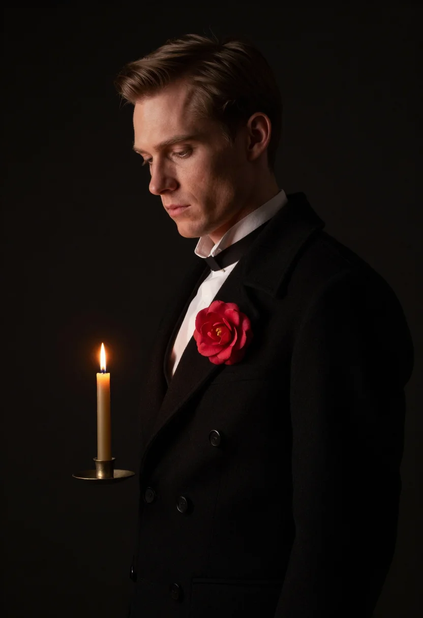 Dark academia profile picture, the mourning portrait — black frock coat to the throat, a single red camellia