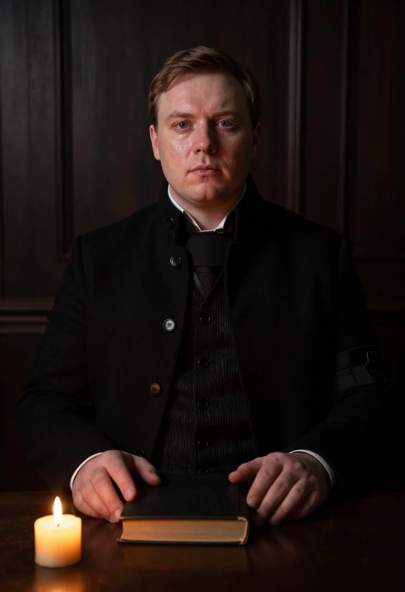 Byronic romantic-hero photoshoot, the mourning portrait — black wool coat, candlelit study, a closed book