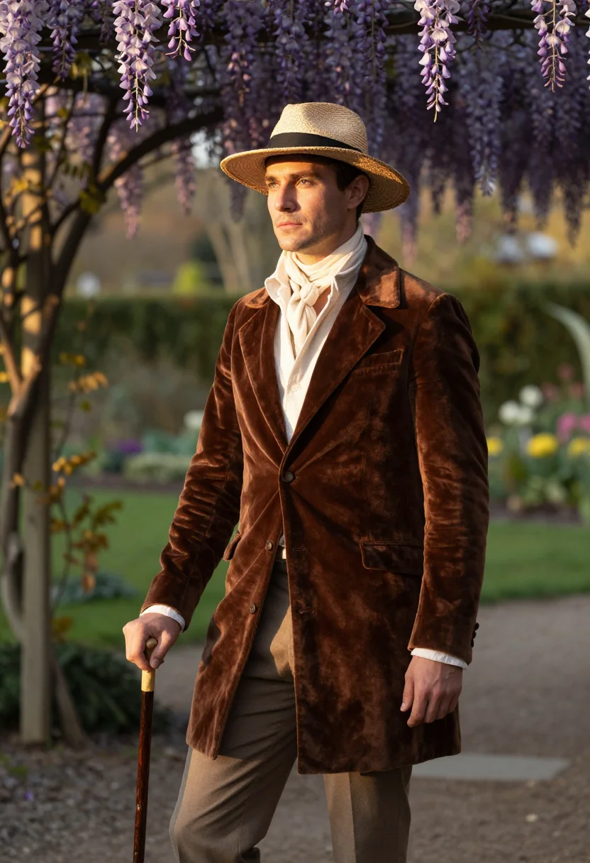 Romantic-hero photoshoot, the Bougival idyll — open linen collar, plein-air softness, a lover at ease