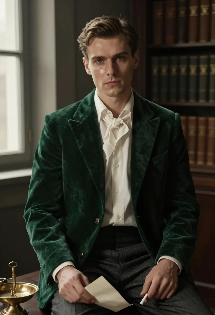 Dark academia profile picture, brooding poet register — green velvet smoking jacket, a letter, soft interior light