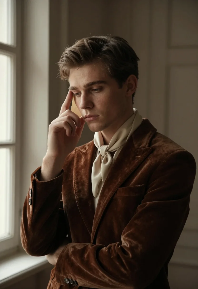 Byronic romantic-hero photoshoot, the letter received — velvet jacket, foulard, the news in one hand