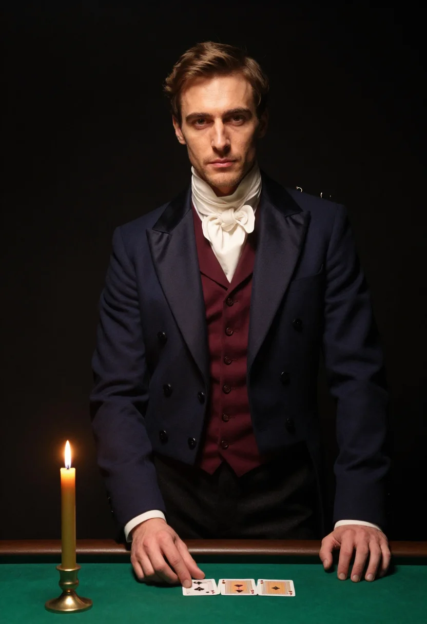 Society profile picture, the gambling room — midnight-blue tailcoat, cards on green baize, candlelit smoke
