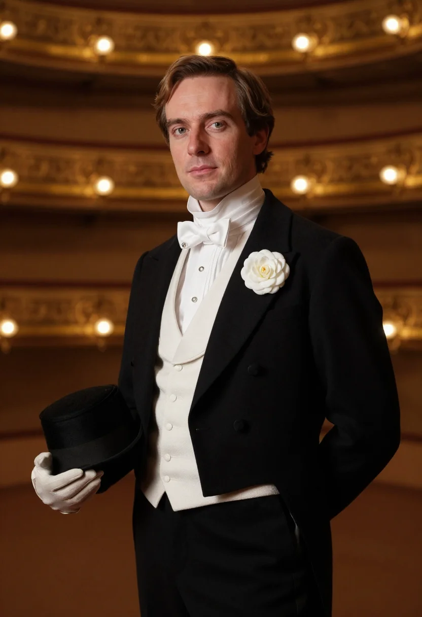 Period gentleman photoshoot, the theatre box — black tailcoat, white tie, opera hat held flat in one hand