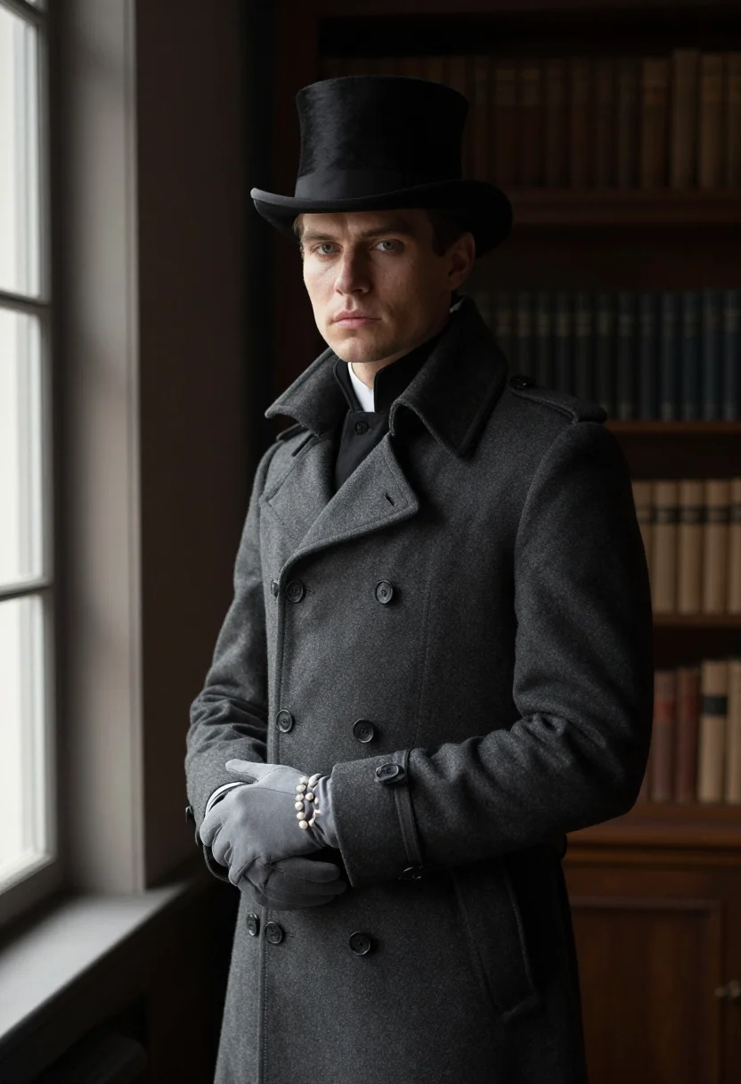 Distinguished profile picture, the study — closed frock coat, top hat and grey gloves in hand, books behind