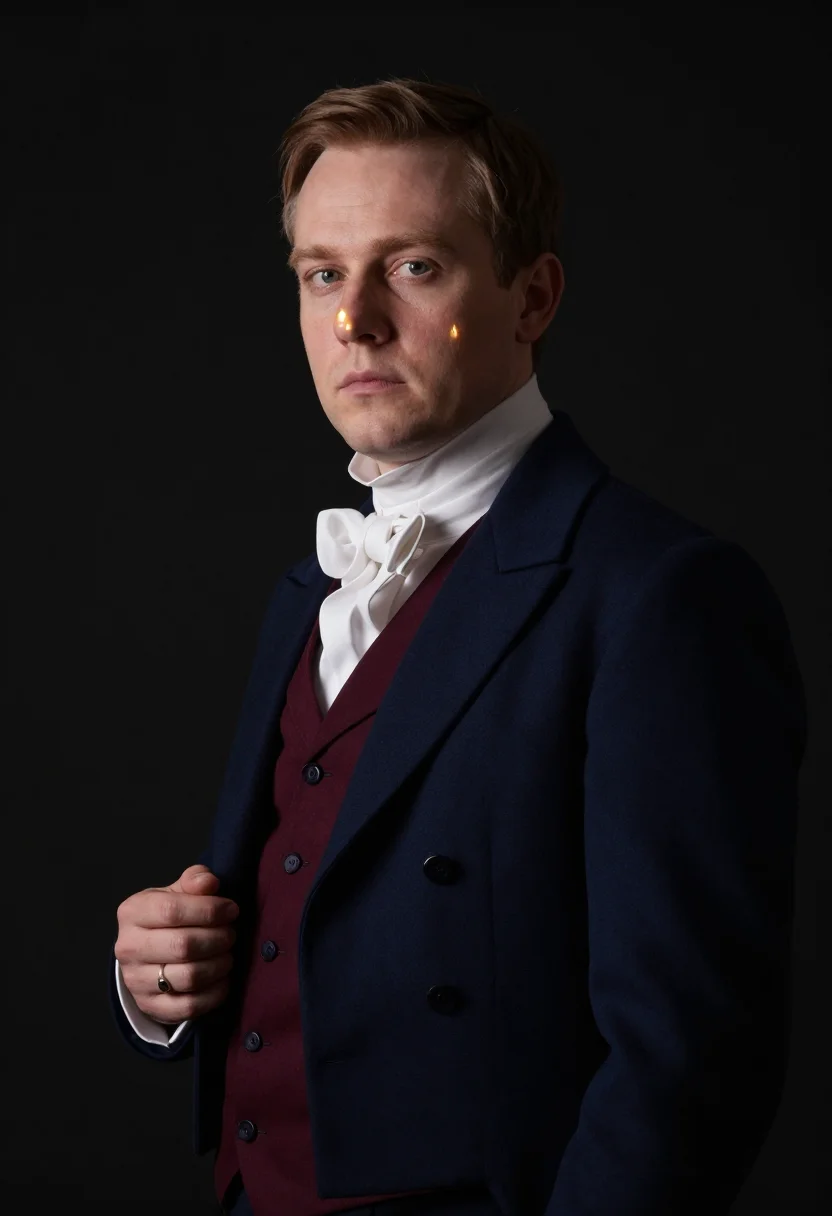 Dandy profile picture, the gaming table at midnight — burgundy silk waistcoat, loosened cravat, oxblood banquette