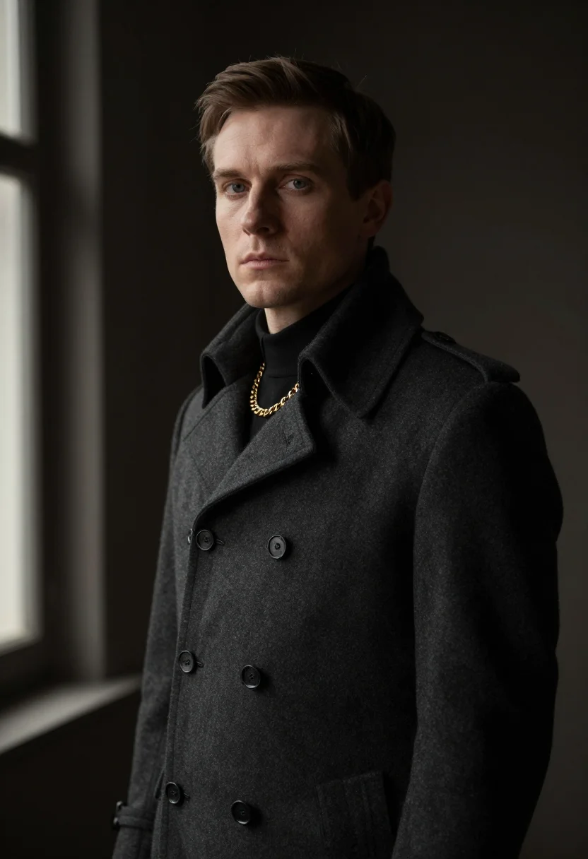 Society profile picture, the composed gentleman — buttoned charcoal frock coat, jaw set, dim study