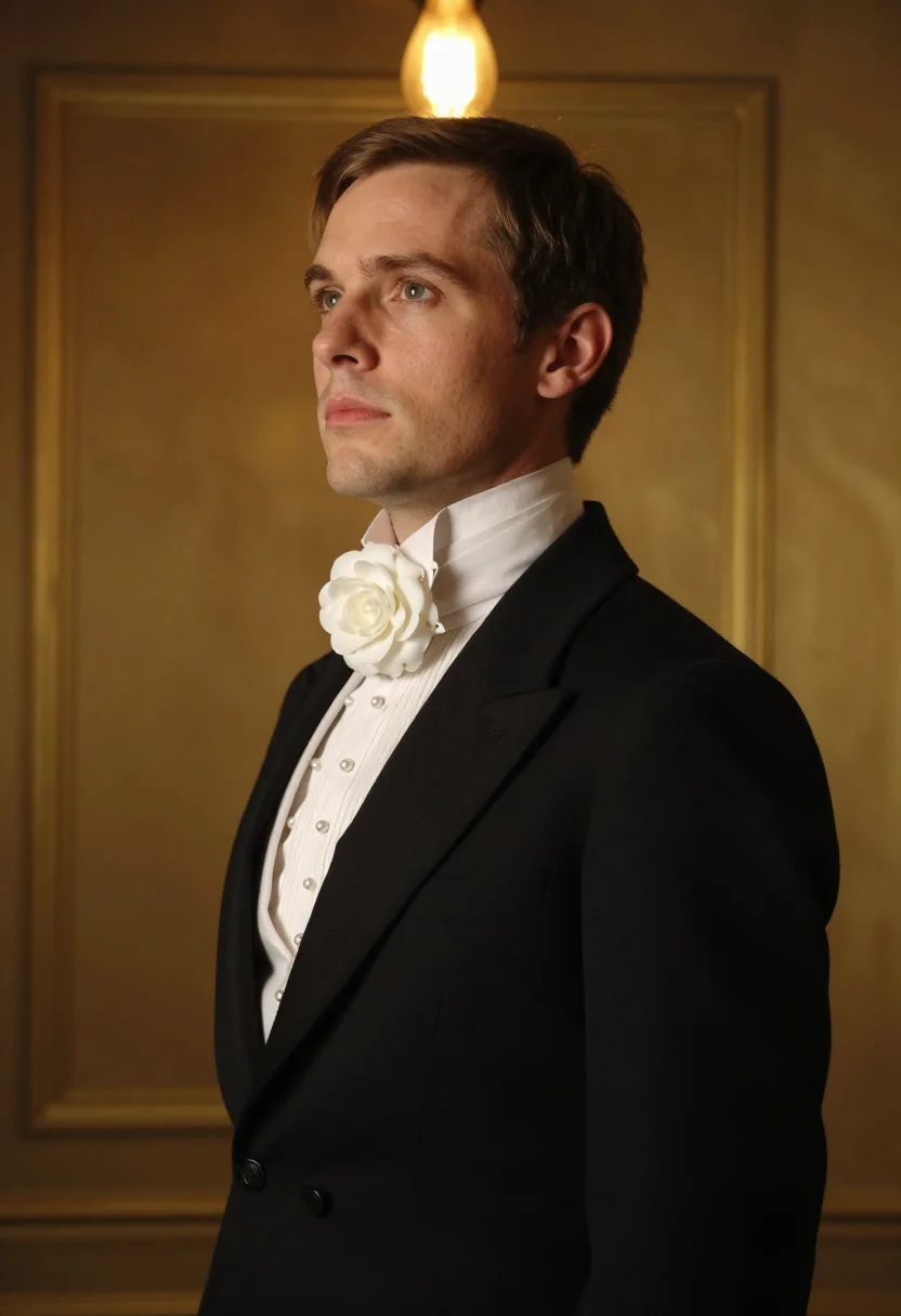 Society profile picture, the opera box — black tailcoat, starched pleated shirt, white camellia