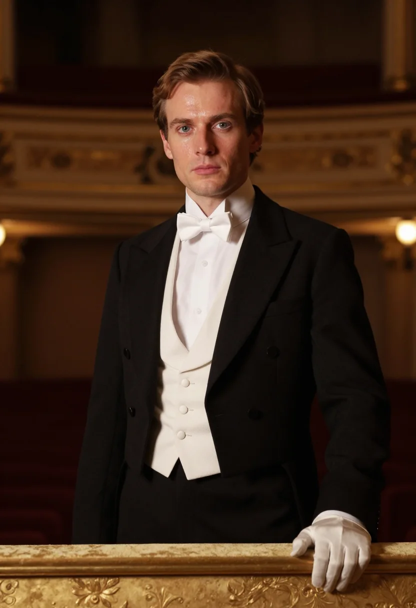 Dandy profile picture, white tie at the opera — pique waistcoat, wing collar, gaslit gilt opera box