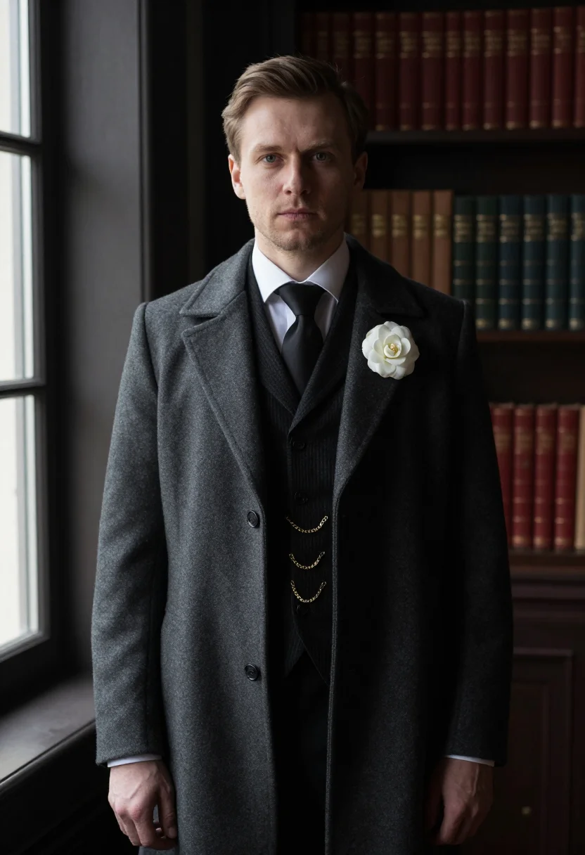Period gentleman photoshoot, the confrontation — charcoal frock coat closed to the throat, gold watch chain
