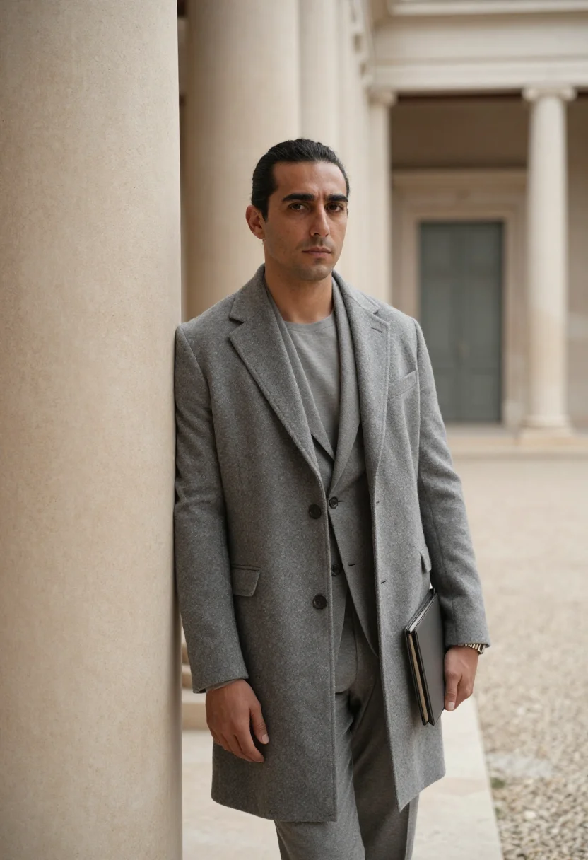 AI armani greige sample — portrait of a man, half-length portrait of a Mediterranean m