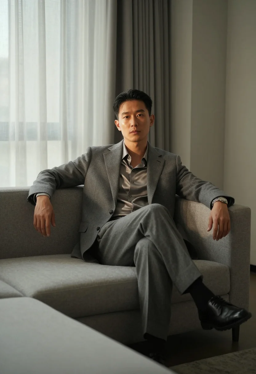 AI armani greige sample — portrait of a man, full-length seated portrait of an East-As