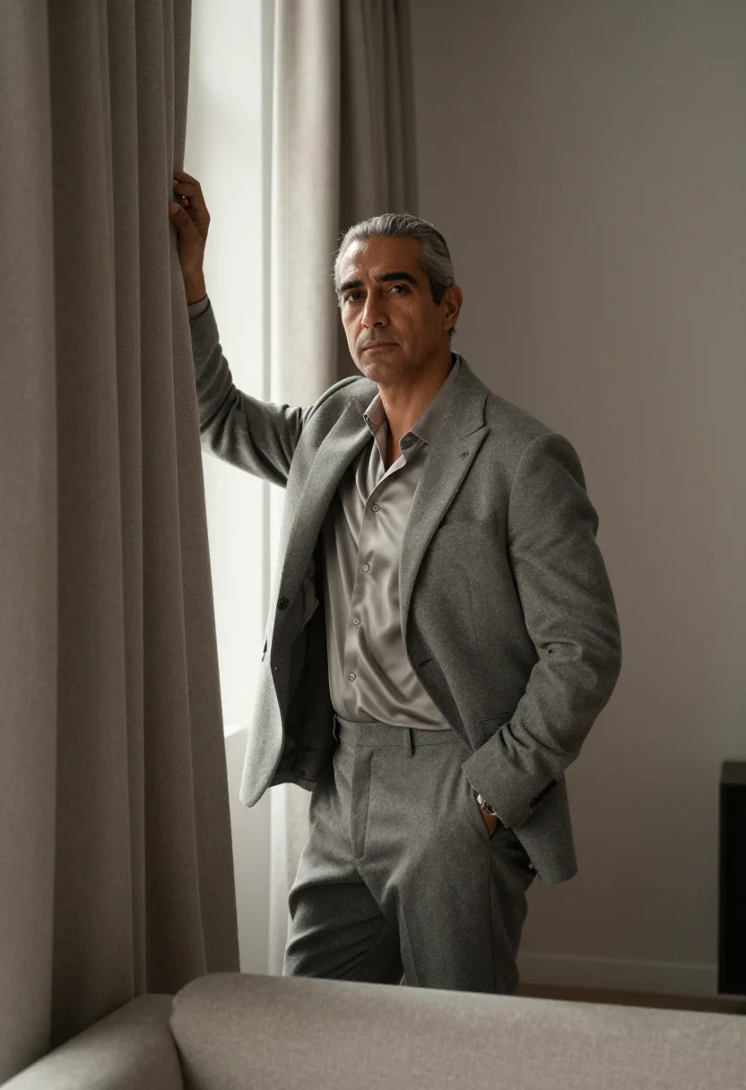 AI armani greige sample — portrait of a man, half-length portrait of a Mediterranean m
