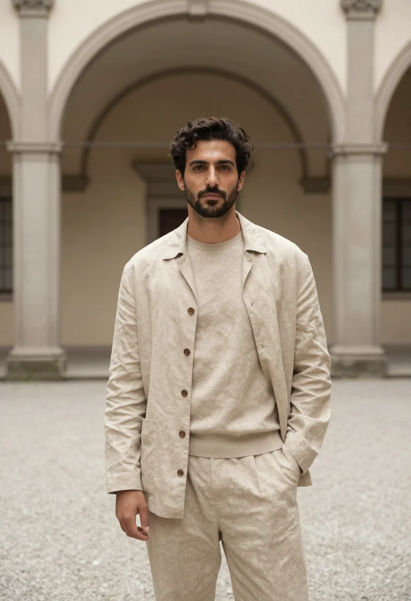 AI armani via borgonuovo unstructured sand linen men sample — portrait of a man, a Greek man in his early forties with oli