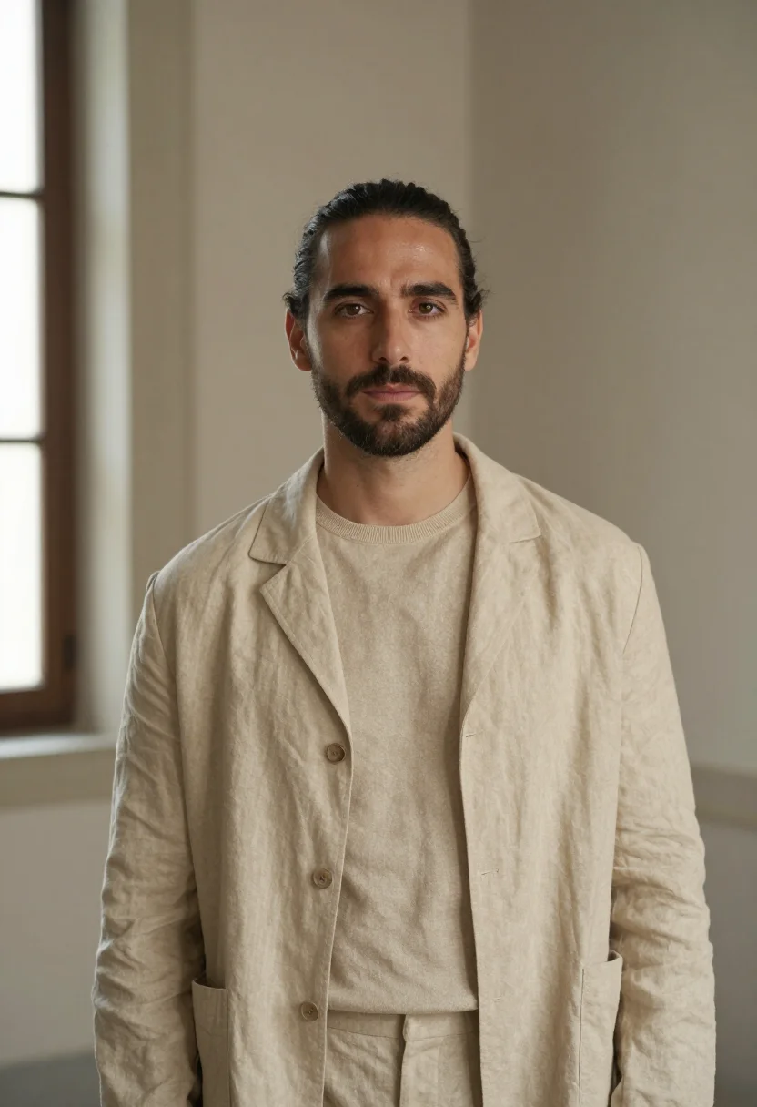 AI armani via borgonuovo unstructured sand linen men sample — portrait of a man, an Italian man in his late thirties with