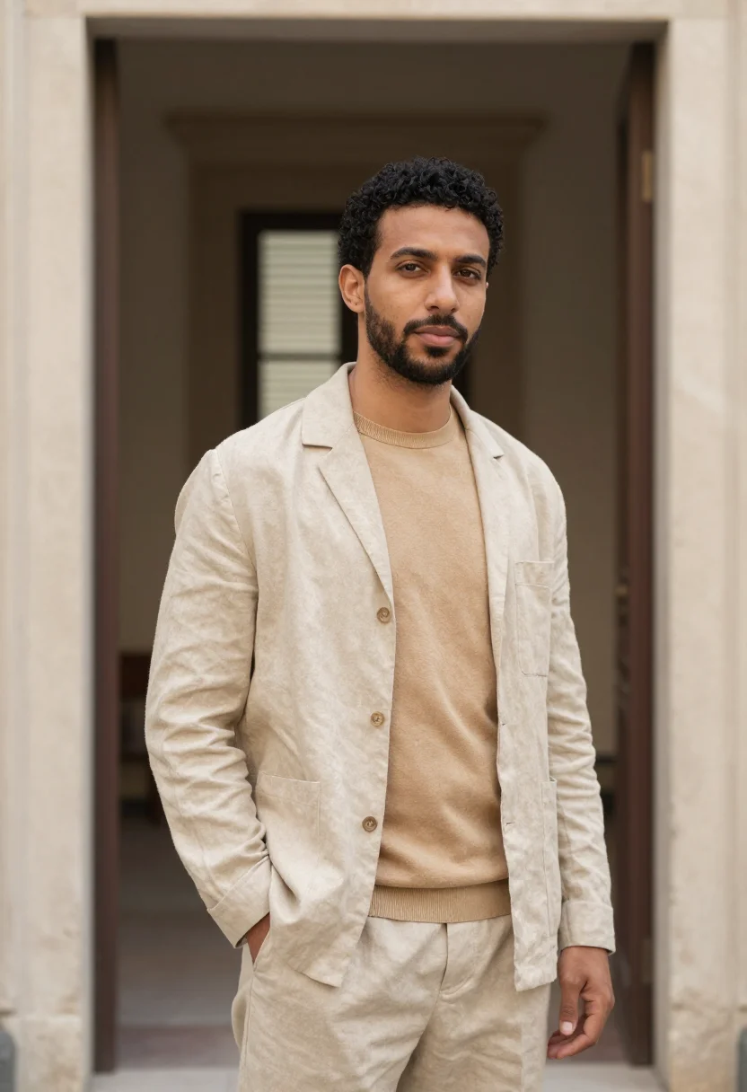AI armani via borgonuovo unstructured sand linen men sample — portrait of a man, a Moroccan-Italian man in his early thirt
